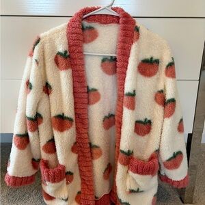 Plush Cream Cardigan with Peach Print and Coral Trim